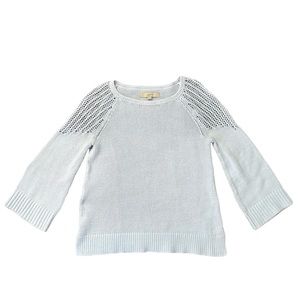 Pale Blue Gray Knit Loft Sweater with Bell Sleeves and Open Shoulder Knit